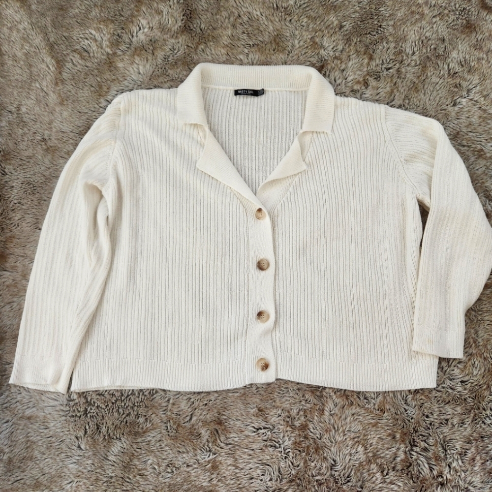 Nasty Gal‎ Knit Collared Cropped Cardigan Sweater White Size 18/20
